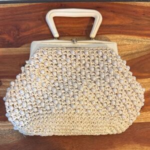 VTG 50s 60s Beaded Raffia Straw Handle Handbag Cream Woven Mod MCM Retro Purse